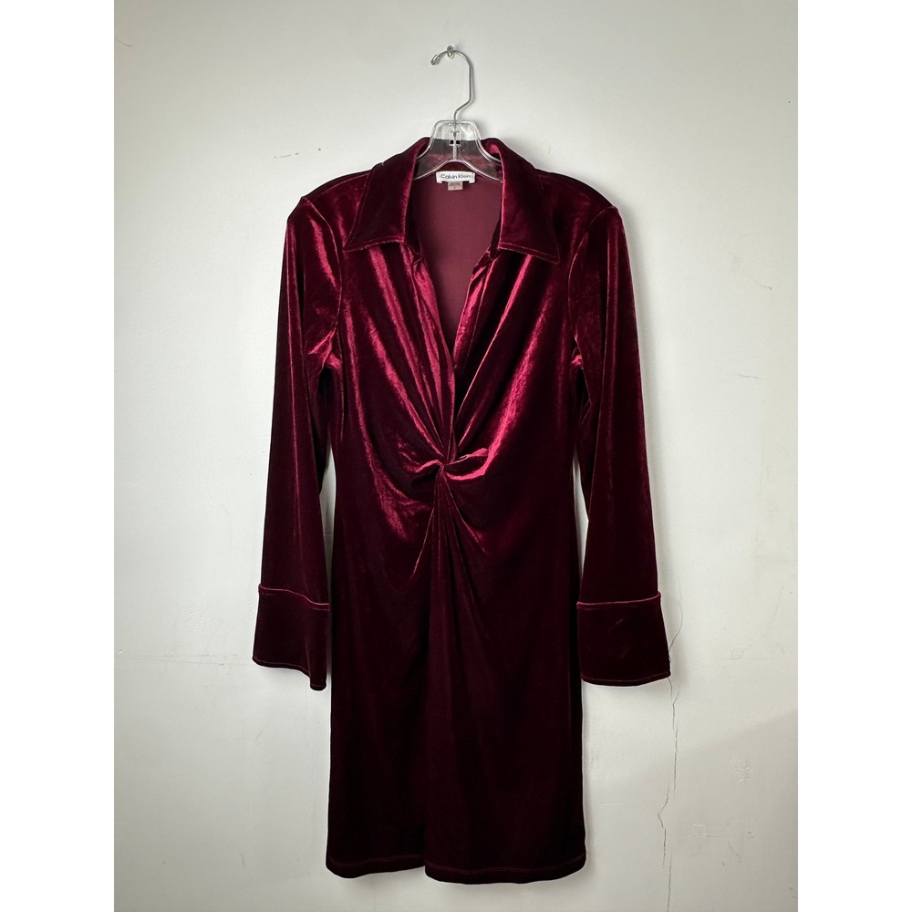 Calvin Klein Burgundy Velvet Twist Front Long Sleeve Mini Dress Size 8 Maroon